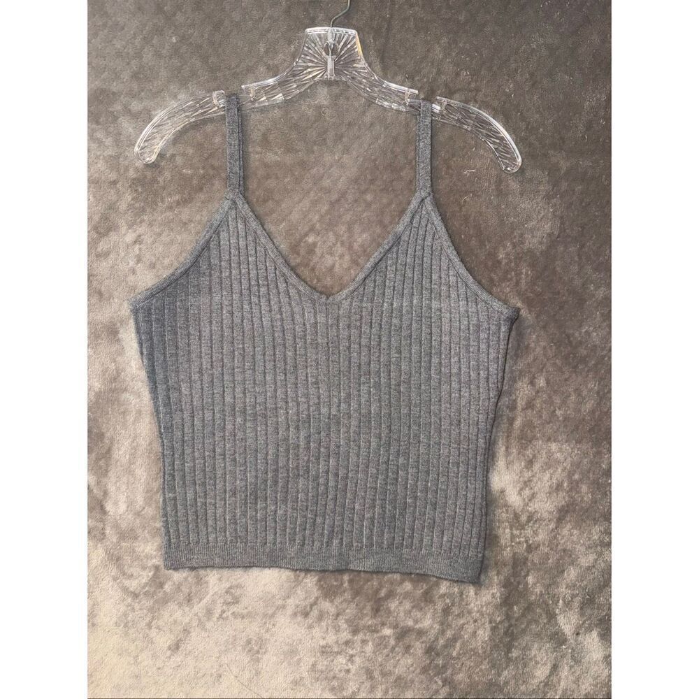 7 for all mankind grey ribbed stretchy v-neck semi crop tank Large #762